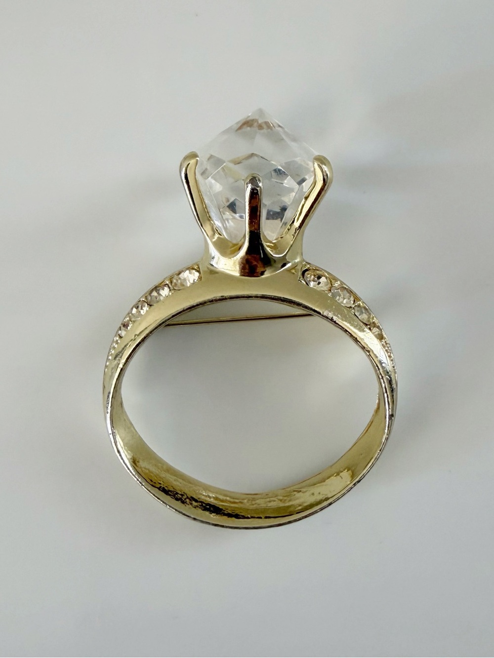 Vintage Large Bling Gold Tone Engagement Ring Brooch Pin